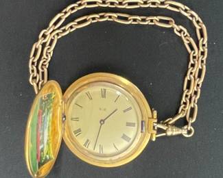 Vintage Gold-Plated Pocket Watch with Scenic Enamel Interior and Chain
