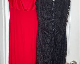 Vintage Dresses: SL Fashion Red Satin Sheath and Black Lace Gown