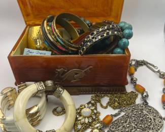 Vintage Costume Bangles & Beads: Jewelry in Amber Bakelite‑Style Box