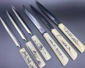 Vintage Bone‑Handled Knives & Letter Openers with Etched Arctic Scenes