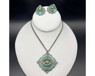 Filligree Faux Turquoise Necklace & Screwback Earrings Set