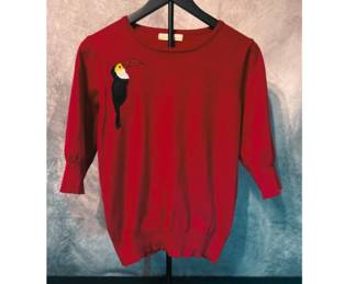 Toucan Tango Sweater — Belle Poque Red Knit, Size M