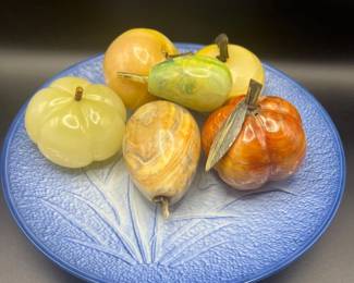 Carved Stone Fruit Assortment on Blue & White Japanese Plate
