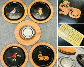 Four Couroc inlaid chargers decorated with quail, cardinal, owl, and lion; five vintage Swedish treen chargers, and one pewter plate