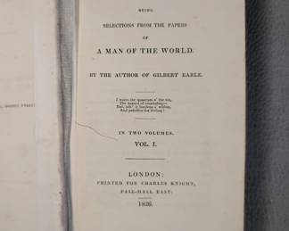 Inside page view of the two-volume set of Mr. Blount's MSS by Barry St. Leger, leather hardcovers, printed 1826 in London for Charles Knight
