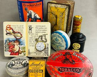 Vintage, replica and modern lidded tin canisters, boxes with advertising including  a round tin litho container for "Uncle Daniel" fine cut tobacco, a Huyler's Caracas Cocoa tin, Smith Bros. Cough Drops, Fashion Cut Plug tobacco, and Keuffel & Esser Pounce for Tracing Cloth