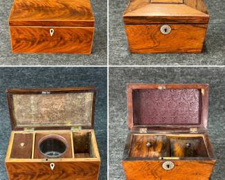 Two antique wooden tea caddies with lidded inner comparments