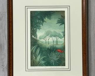 One of a pair of limited edition color etchings by artist Charlotte Laurine Schaefer, depicting scarlet ibis in scenes of Caribbean foliage. This is titled "The Beginning I" with penciled edition number of 12/85 and is signed in lower right corner. Framed artwork measures 16" x 20".