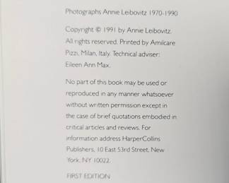 Inside page view of Photographs Annie Liebovitz 1970-1990, first edition, hardcover, published 1991 by Harper Collins
