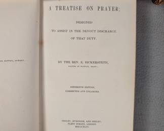 Inside page view of A Treatise on Prayer by the Rev. E. Bickersteth, sixteenth edition, hardcover, leather bound, published 1843 by Seeley, Burnside, and Seeley