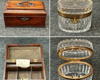 A beautiful late 18th century c. 1775 locking wooden tea caddy with elaborate handle and escutcheon plate, three main compartments and one long small compartment; and closeup views of the vintage French oval cut crystal and bronze box with key