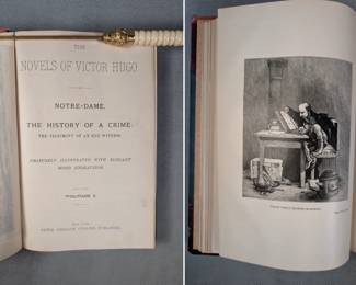 Inside page views of Victor Hugo's Works Vol. I through V, the novels of Victor Hugo, hardcover half-calf, published by Peter Fenelon Collier, New York
