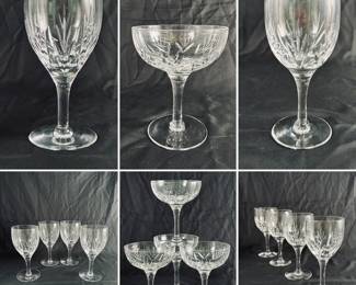 A sparkling set of Stuart Crystal "Kent" pattern stemware – 11 water goblets, 13 champagne coupes, and 12 wine glasses. Made in England.