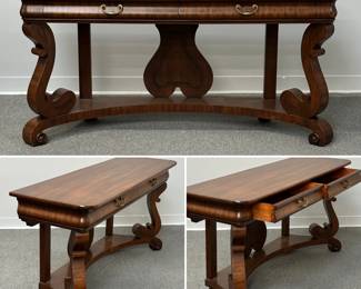 A 2-drawer console table or library desk, 29" H x 60" L x 18" W.