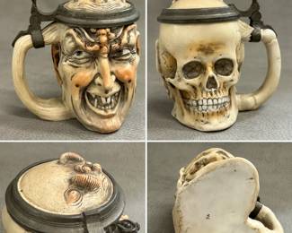 A rare circa 1900 antique Ernst Bohne & Söhne figural devil/satan character and skull stein, also known as a "Mephisto" stein, that also has finely modeled grinning skull on the opposite side.  Made of bisque porcelain,  features a pewter handle and lid frame.