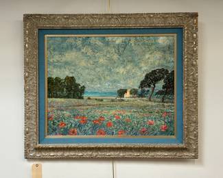 John Morris (American, 1920-1991) original signed oil painting in impressionist style of scene in Cannes, France, with poppies in flowering meadow and the sea beneath a cloudy sky. 31" x 37".