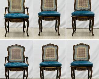 A set of cane back and blue velvet dining chairs – 4 chairs, 2 captain's chairs