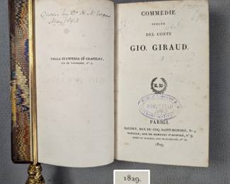 Inside pages of Commedie Scelte Del Conte Gio. Giraud, hardcover half-calf, published 1829 Crapelet Printing House, Paris