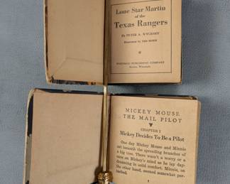 Inside page views of 1939 "Lone Star Martin of the Texas Rangers" Better Little Book by Peter A. Wyckoff and illustrated by Ted Horn, published by Whitman Publishing Company, and a 1933 Walt Disney's "Mickey Mouse The Mail Pilot" The Big Little Hardcover Book