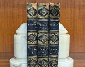 Complete set of Pelham, or The Adventures of a Gentleman by Edward Bulwer-Lytton, second edition, hardcover half-calf, published in 1828 by Henry Colburn, London.