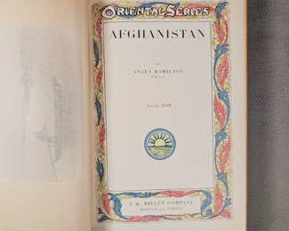 Inside page view of rare volumes of The Oriental Series by Angus Hamilton, F.R.G.S., Fujiyama Edition Limited Series of 100. Hardcover, leather bound, includes Afghanistan, Burma, India, Korea, Manchuria, Persia, The Philippines, Russia I, Russia II, Russia III, Siam, and Turkey. Copyright 1910 publisher J. B. Millet Company.
