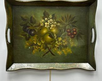 A vintage  wooden serving tray featuring a still-life oil painting of fruit and flowers.  27" x 22"