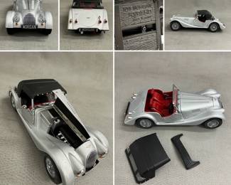 A Kyosho 1/18 scale die-cast Morgan convertible roadster model car in silver