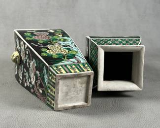 Another view of the pair of vintage Chinese porcelain famille-noire 'bird and flower' quadrangular vases, approximately 10" tall. 