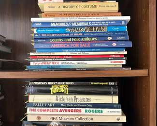 Reference books includingThe Art of Mickey Mouse, Country and Folk Antiques, A History of Costume, Best Movies of the 90s, Souvenir Buildings Miniature Monuments, The Films of World War II, FIFA Museum Collection, The Splendor of Ethnic Jewelry, A Treasure of American Scrimshaw, and the Art of the Cigar Label