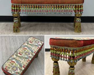 Mackenzie-Childs upholstered bench, 20th/21st century, on gilt-decorated acanthus carved spheres and tasseled legs. 18 1/2" H x 38" W x 13" D.