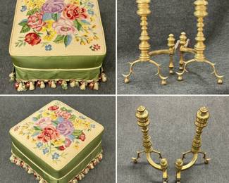Brass andirons and floral pattern needlepoint foot stool