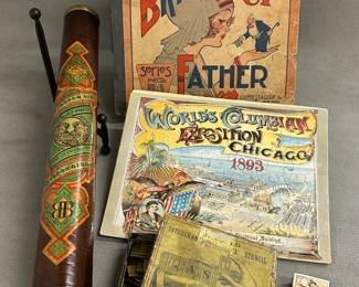 A vintage Bird and Byrd Bobbin Chimney advertising piece, a vintage"Bringing Up Father" comic book from the "Series No. 20" by Geo. McManus, a vintage S. G. Money Interchangeable lock stencil set, and a vintage 1893 World's Columbian Exposition jigsaw puzzle