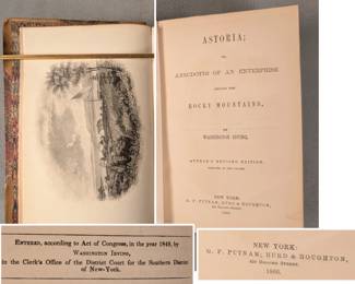 Inside page view of volume from seven volumes by from the Irving's Works series by Washington Irving, published in 1860 through 1867. Hardcovers, half leather and marbled paper, includes titles Astoria, Crayon Miscellany, Bonneville, Mahomet I, Columbus II, Columbus III, Tales of a Traveler. Publisher G. P. Putnam; Hurd and Houghton. 