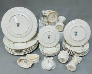 Another view of the 2 vintage Belleek boat-shaped open salt cellars, 1&nbsp;Belleek Ireland porcelain Neptune shell-footed sugar bowl or dish, 1 Belleek Irish porcelain Neptune vase/planter with applied roses and shamrocks, 1 Belleek Undine creamer, 2&nbsp;&nbsp;Belleek Shamrock tree trunk vases, 1&nbsp;vintage Belleek Pottery (Ireland)&nbsp; shamrock harp figurine, 1 Belleek Pottery Daisy spill vase