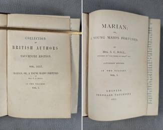 Inside page view of Marian; or A Young Maid's Fortunes Vol. I by Mrs. S. C. Hall, hardcover, published 1877 by Bernhard Tauchnitz