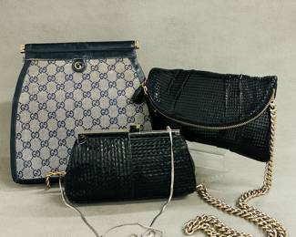 Vintage designer handbags - vintage Gucci, an Henri Bendel black sequin handbag with chain strap, and a Judith Lieber snakeskin Kim purse