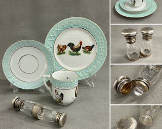 Antique 19th century German porcelain child's "Alphabet" plate, cup, and saucer, the cup and plate decorated with chickens; stamped Germany on the base. Shown with antique Victorian double-ended scent bottle, made of cut glass with silver mounts, the caps engraved with "M" and "J".