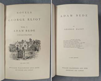 Inside page view from one volume from set of novels of George Eliot, 7 volumes, hardcover half-calf, 19th century, publishers William Blackwood and Sons, Edingburgh and London.