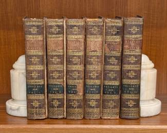 The History of England by T. Smollett, M.D., Vol. I through VI, hardcovers, leather; published 1810, Printed for R. Scholey, 46, Paternoster-Row, London, and J. Ballantyne & Co., Edinburgh