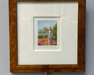 "The English Garden" watercolor painting dated July 2002 and signed by artist B. Hanson. 8-1/4" x 8"