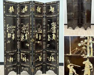 A vintage Chinese 4-panel wooden folding screen with inlaid mother of pearl decoration; each panel measures 16" x 72".