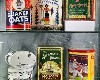 Vintage and replica canisters, lidded tins with advertising including Quick Quaker Oats, Corn Mother Blue Corn Chips, Stewart and Young Molasses Candy, Cracker Jack; and a vintage J. P. Babcock Mah-Jongg game box 