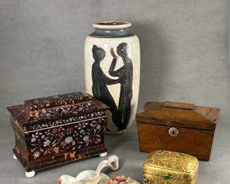 A large studio art pottery vase depicting a pair of figures, signed, made in Switzerland and possibly by Swiss-Italian ceramicist Mario Marin; an antique c. 1790 Georgian era tortoiseshell casket form tea caddy with mother of pearl inlay, on bun feet; two lidded and lined inner compartments; a vintage wooden casket form tea caddy, and carved seashell decorative items 
