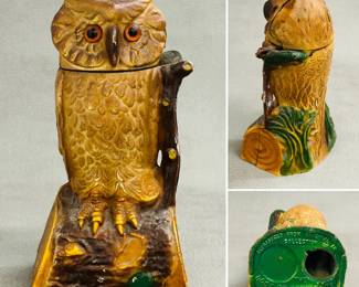Vintage replica cast iron owl coin bank, base marked "Reproduction From Original In Collection of The Book of Knowledge"
