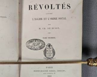 Inside page view of Les Révoltés Contre L'Église et L'Ordre Social, Volume I, by M. CH. De Bussy, leather-bound hardcover, published 1863 by Martin-Beaupré Fréres Paris