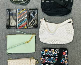 Vintage handbags including a LeSportSac Kasey 3 zip crossbody bag, a black LeSportsac Classic Hobo crossbody bag, a Fossil cream + gold woven leather crossbody purse with removable chain strap