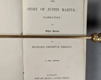 Inside page view of The Story of Justin Martyr, Sabbation, and Other Poems by Richard Chenevix Trench, hardcover, leather, published 1844 by Edward Moxon, London