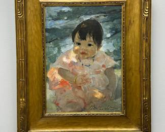 A framed oil painting of a child in a pink dress by American Impressionist painter Martha Walter (1875-1976). Walter was a well-known Philadelphia Impressionist who studied under William Merritt Chase at the Pennsylvania Academy of Fine Arts.
