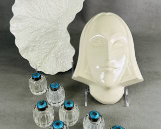 A Spode Savoy White crescent salad plate, a rare Arko Ceramics woman's head wall mask sculpture, Woodstock NY; eight Danish Meka glass salt shakers with sterling silver and guilloche enamel tops