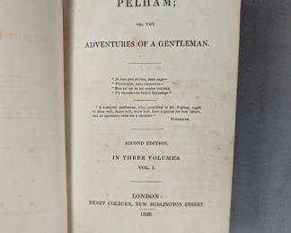 Inside page view from one of three volumes of complete set of Pelham, or The Adventures of a Gentleman by Edward Bulwer-Lytton, second edition, hardcover half-calf, published in 1828 by Henry Colburn, London.